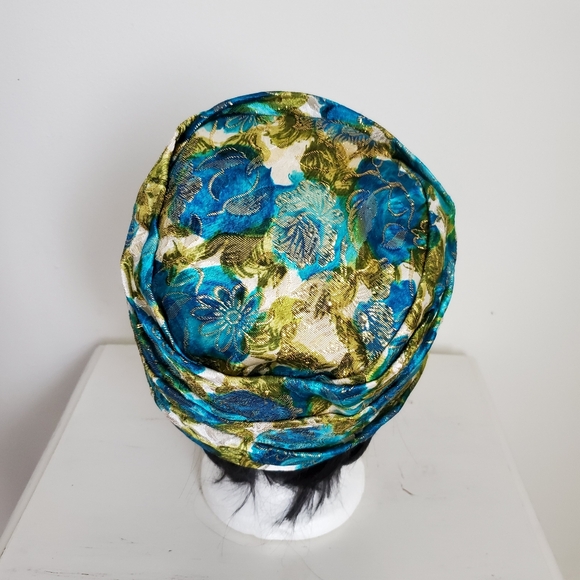 50s 60s Vintage Union Made Metallic Gold Garden Print Turban Hat - Picture 6 of 13